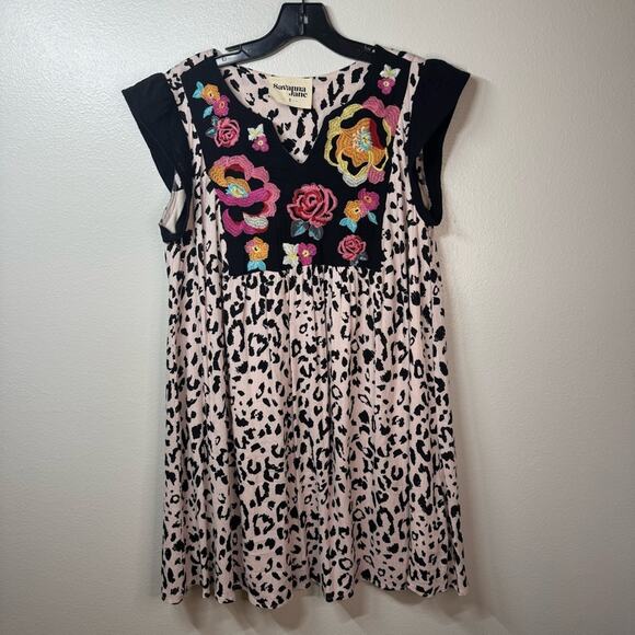 Savanna Jane Dresses & Skirts - SAVANNA JANE Shift Dress Leopard Print Embroidered Floral Boho Dress Size Small